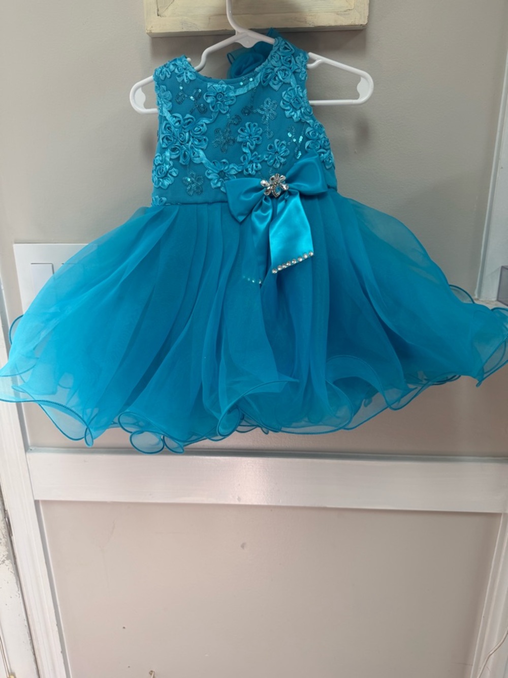 Girls Teal Floral Applique Party Dress with Bow
